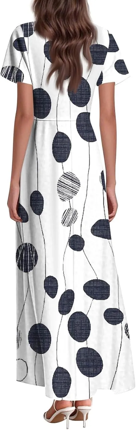 Womens Fashion V Neck Ruffle Short Sleeve Maxi Dress 2025 Summer Elegant Solid Color Flowy A Line Dresses