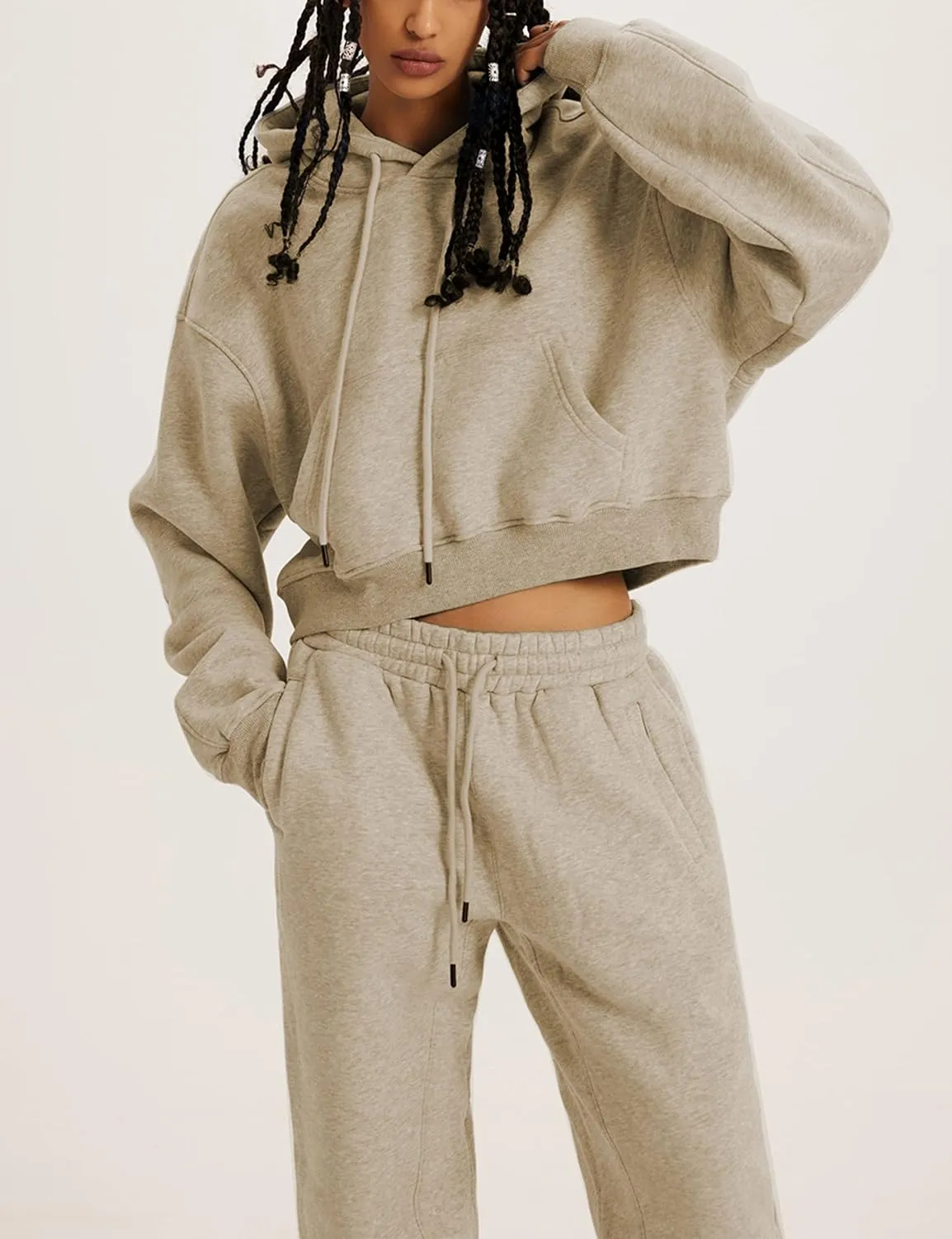 Womens Fleece 2 Piece Outfits Sweatsuit Lounge Hoodie Set Crop Pullover Sweatshirt with Joggers Sweatpants