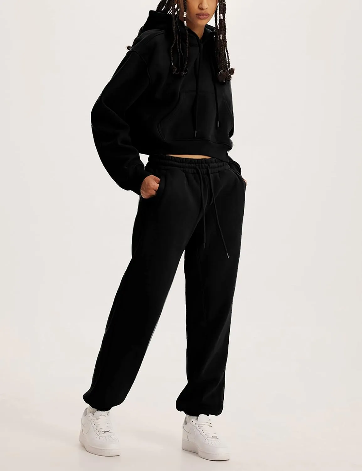 Womens Fleece 2 Piece Outfits Sweatsuit Lounge Hoodie Set Crop Pullover Sweatshirt with Joggers Sweatpants