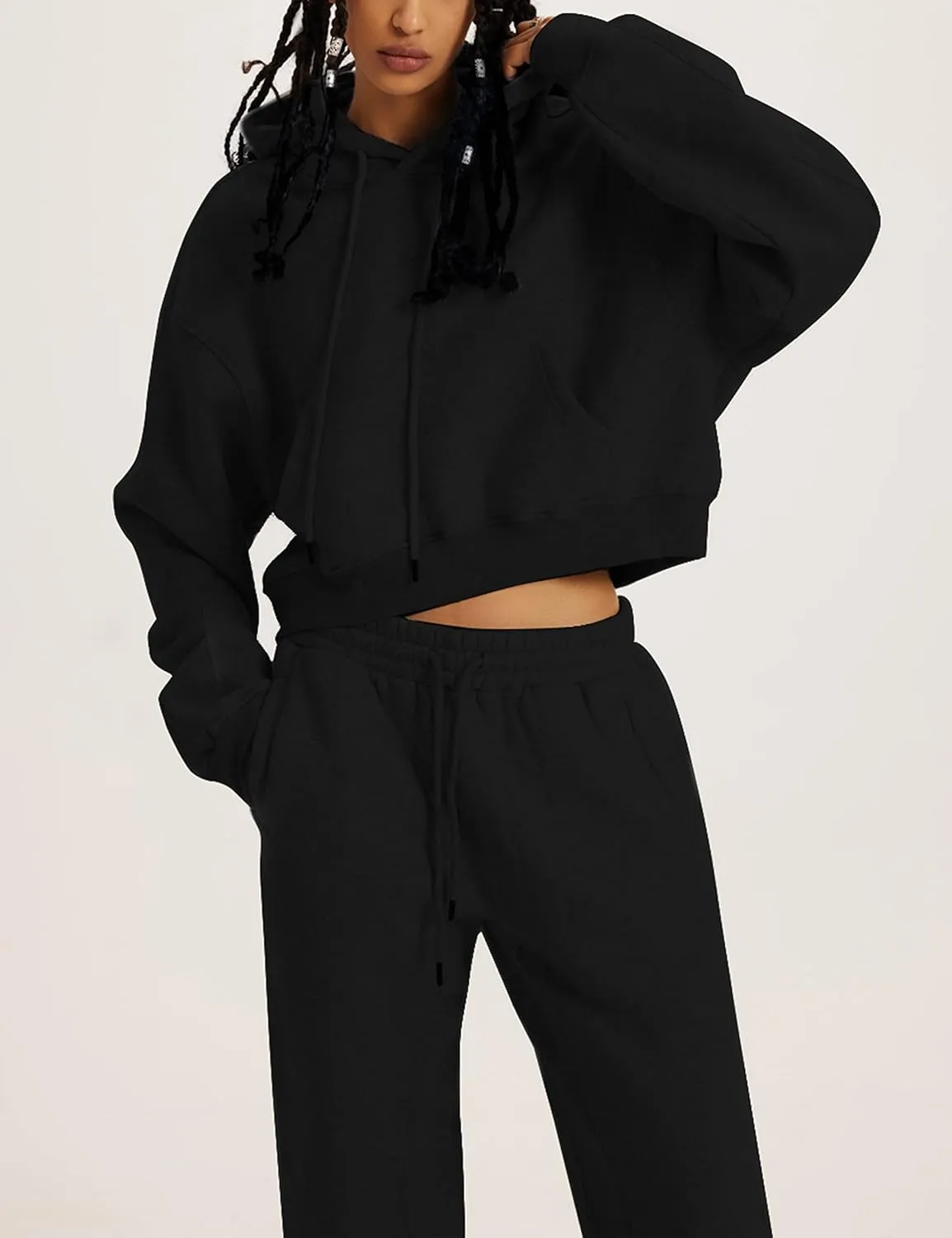 Womens Fleece 2 Piece Outfits Sweatsuit Lounge Hoodie Set Crop Pullover Sweatshirt with Joggers Sweatpants