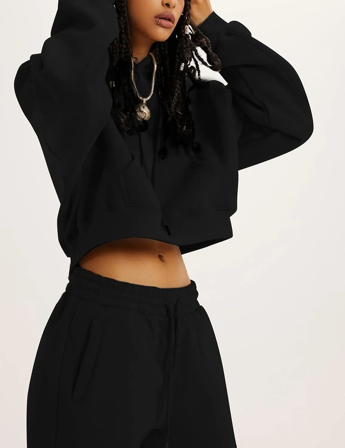 Womens Fleece 2 Piece Outfits Sweatsuit Lounge Hoodie Set Crop Pullover Sweatshirt with Joggers Sweatpants
