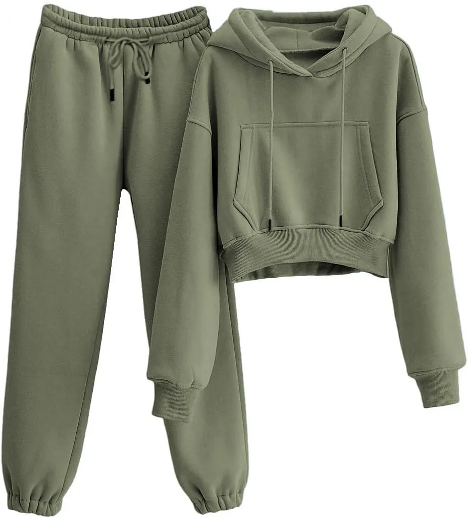 Womens Fleece 2 Piece Outfits Sweatsuit Lounge Hoodie Set Crop Pullover Sweatshirt with Joggers Sweatpants