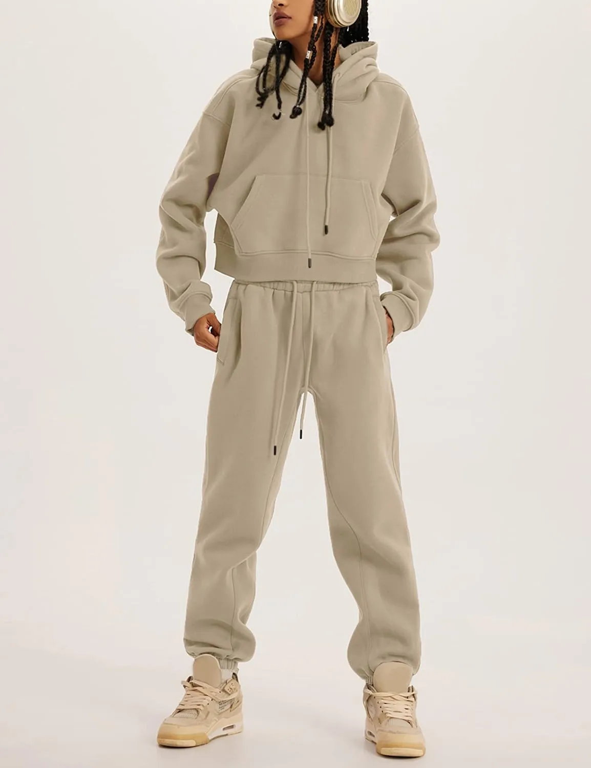 Womens Fleece 2 Piece Outfits Sweatsuit Lounge Hoodie Set Crop Pullover Sweatshirt with Joggers Sweatpants