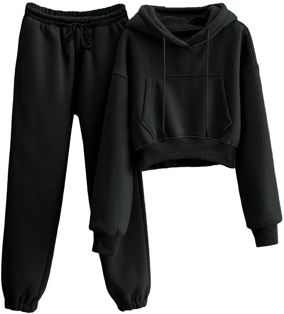 Womens Fleece 2 Piece Outfits Sweatsuit Lounge Hoodie Set Crop Pullover Sweatshirt with Joggers Sweatpants