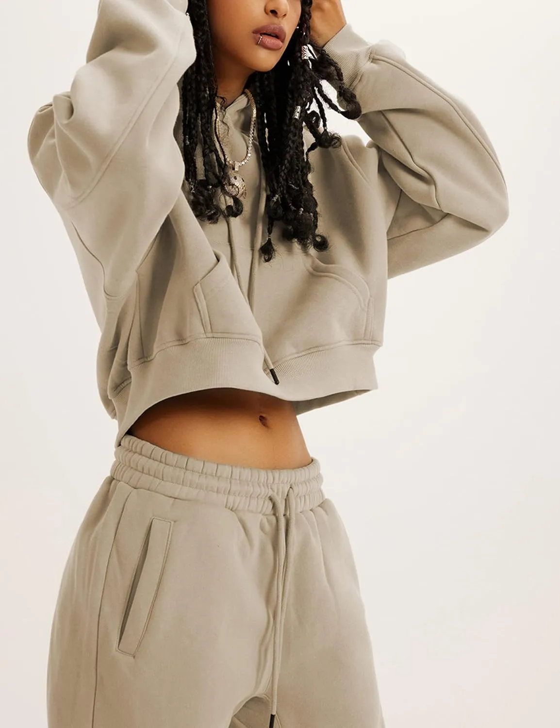 Womens Fleece 2 Piece Outfits Sweatsuit Lounge Hoodie Set Crop Pullover Sweatshirt with Joggers Sweatpants
