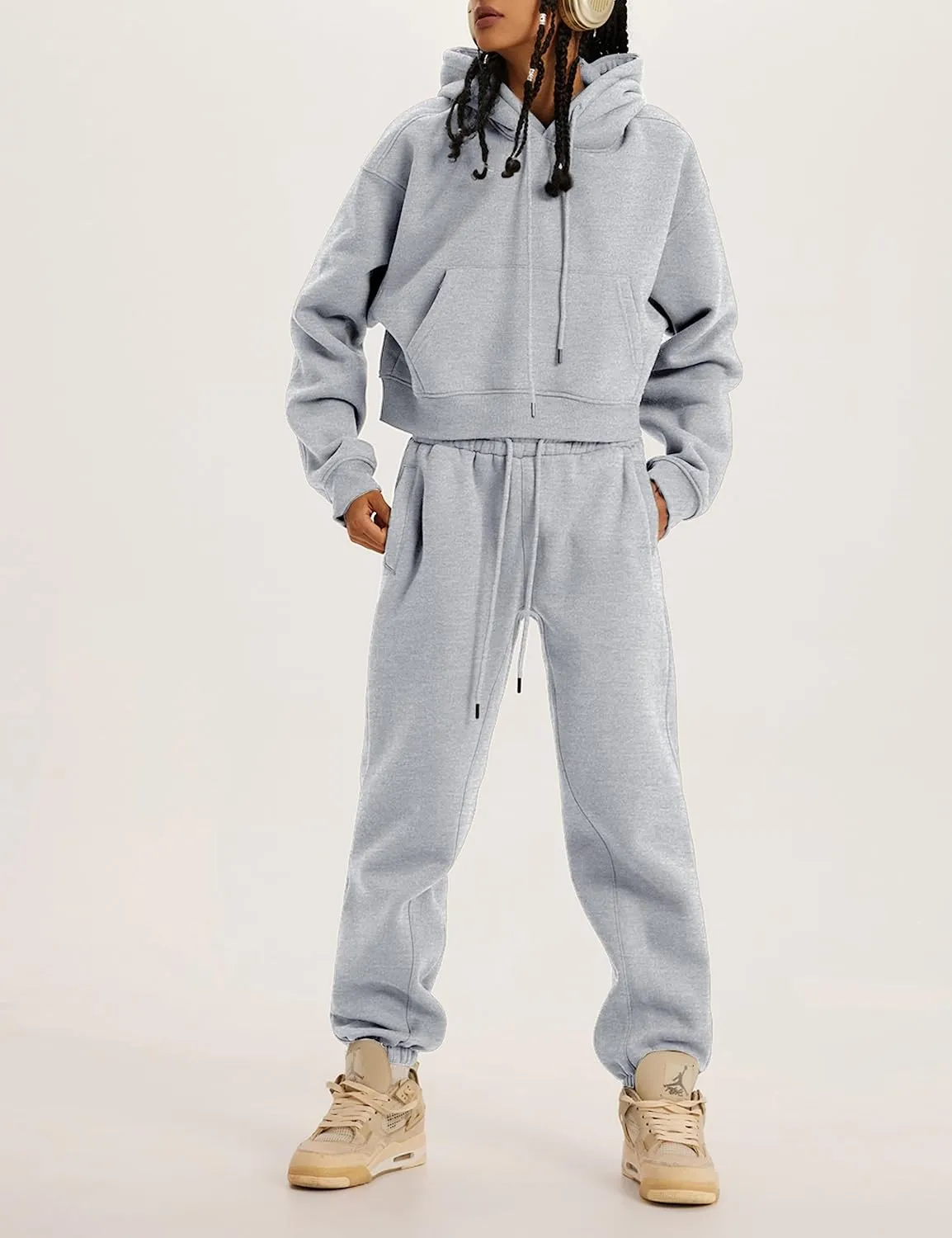 Womens Fleece 2 Piece Outfits Sweatsuit Lounge Hoodie Set Crop Pullover Sweatshirt with Joggers Sweatpants