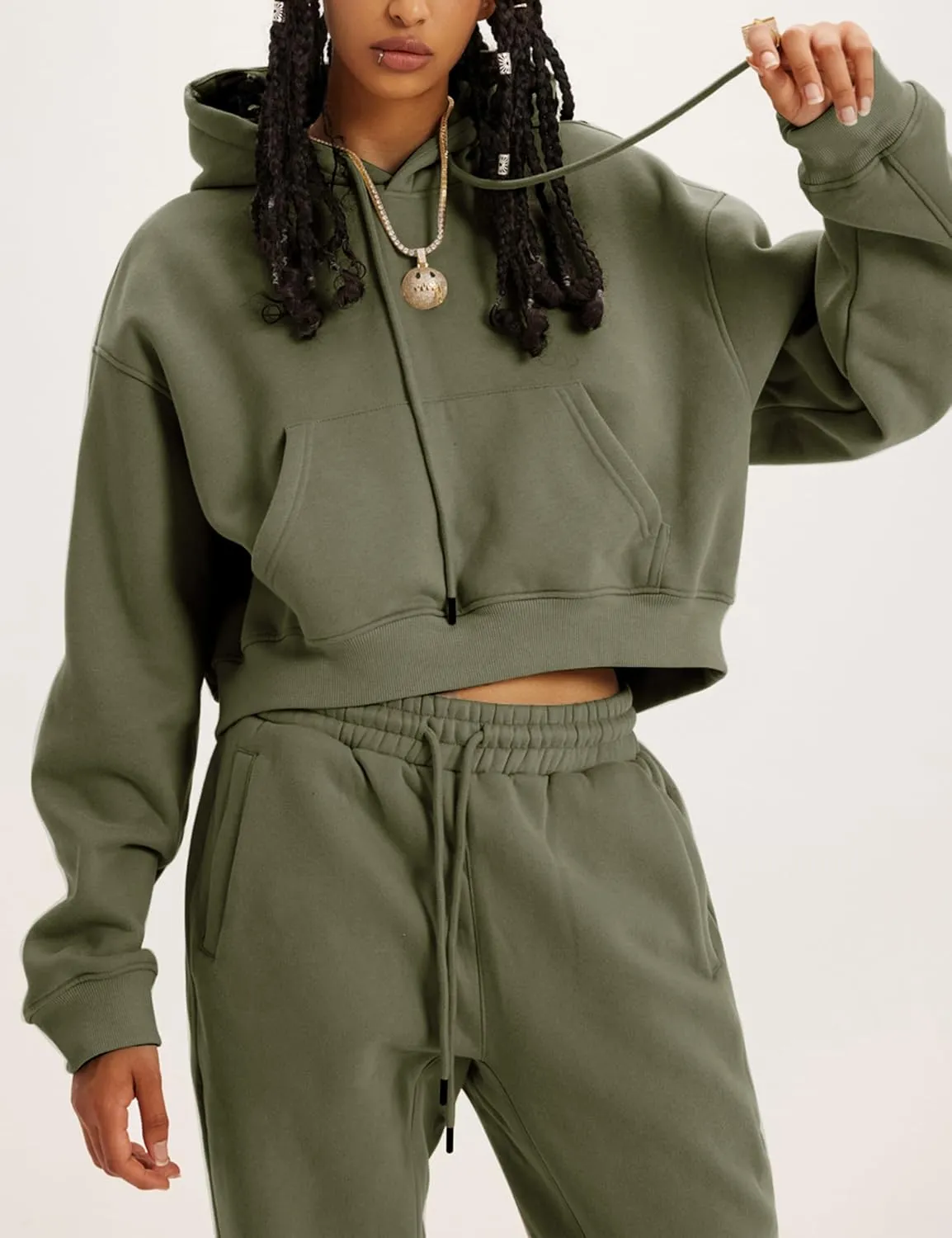 Womens Fleece 2 Piece Outfits Sweatsuit Lounge Hoodie Set Crop Pullover Sweatshirt with Joggers Sweatpants