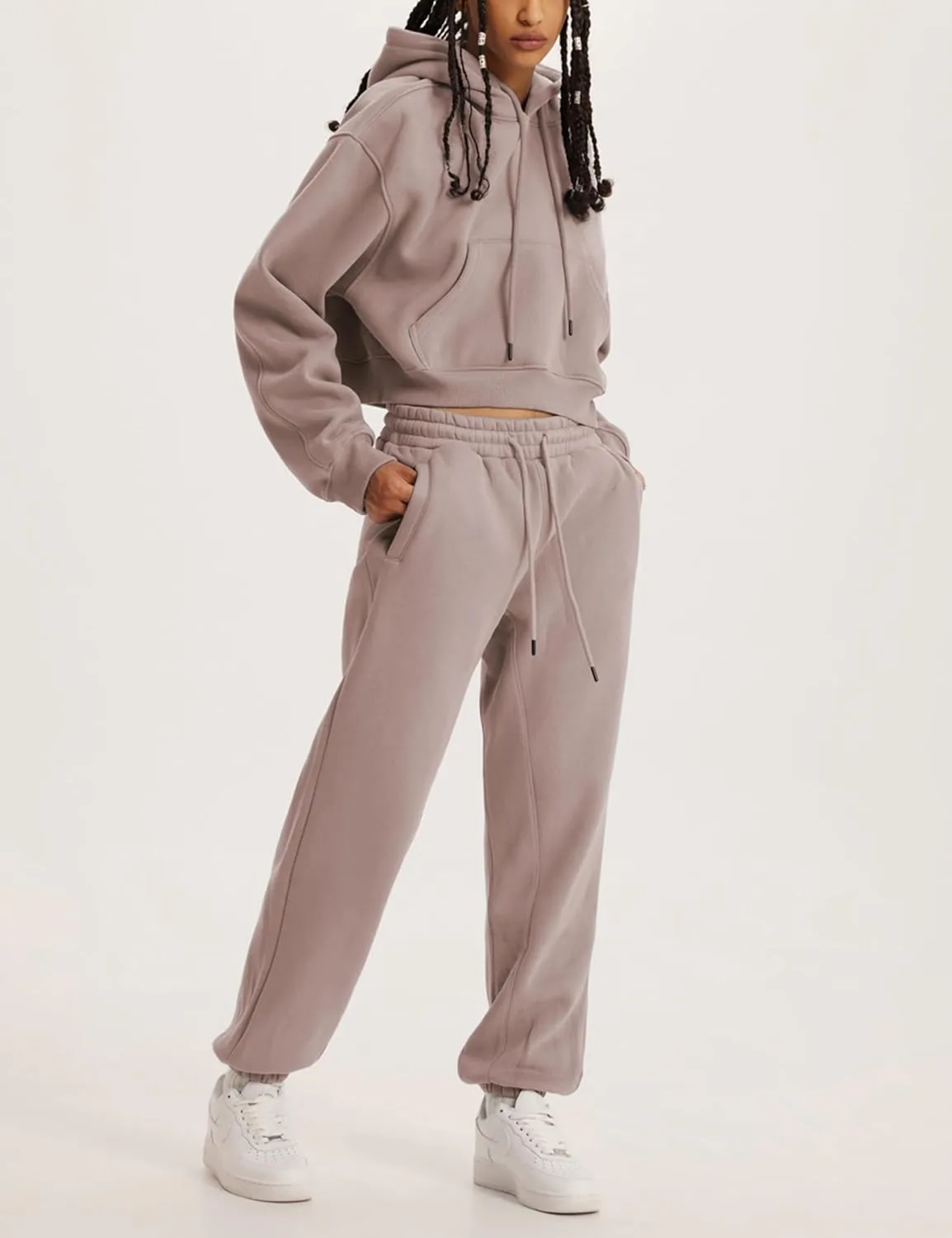Womens Fleece 2 Piece Outfits Sweatsuit Lounge Hoodie Set Crop Pullover Sweatshirt with Joggers Sweatpants