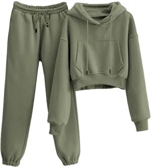 Womens Fleece 2 Piece Outfits Sweatsuit Lounge Hoodie Set Crop Pullover Sweatshirt with Joggers Sweatpants