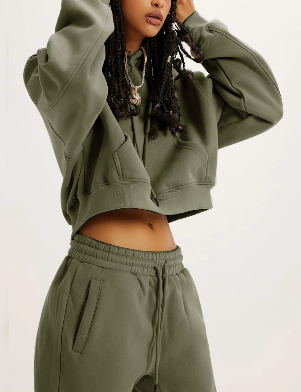 Womens Fleece 2 Piece Outfits Sweatsuit Lounge Hoodie Set Crop Pullover Sweatshirt with Joggers Sweatpants