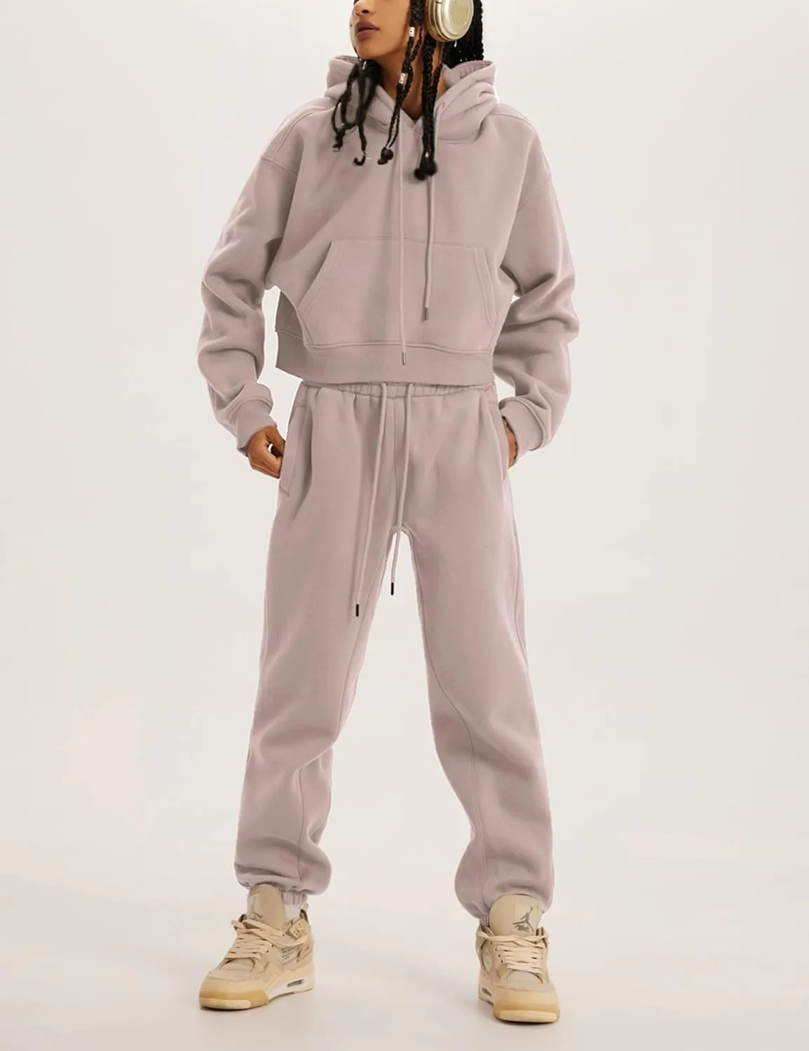 Womens Fleece 2 Piece Outfits Sweatsuit Lounge Hoodie Set Crop Pullover Sweatshirt with Joggers Sweatpants