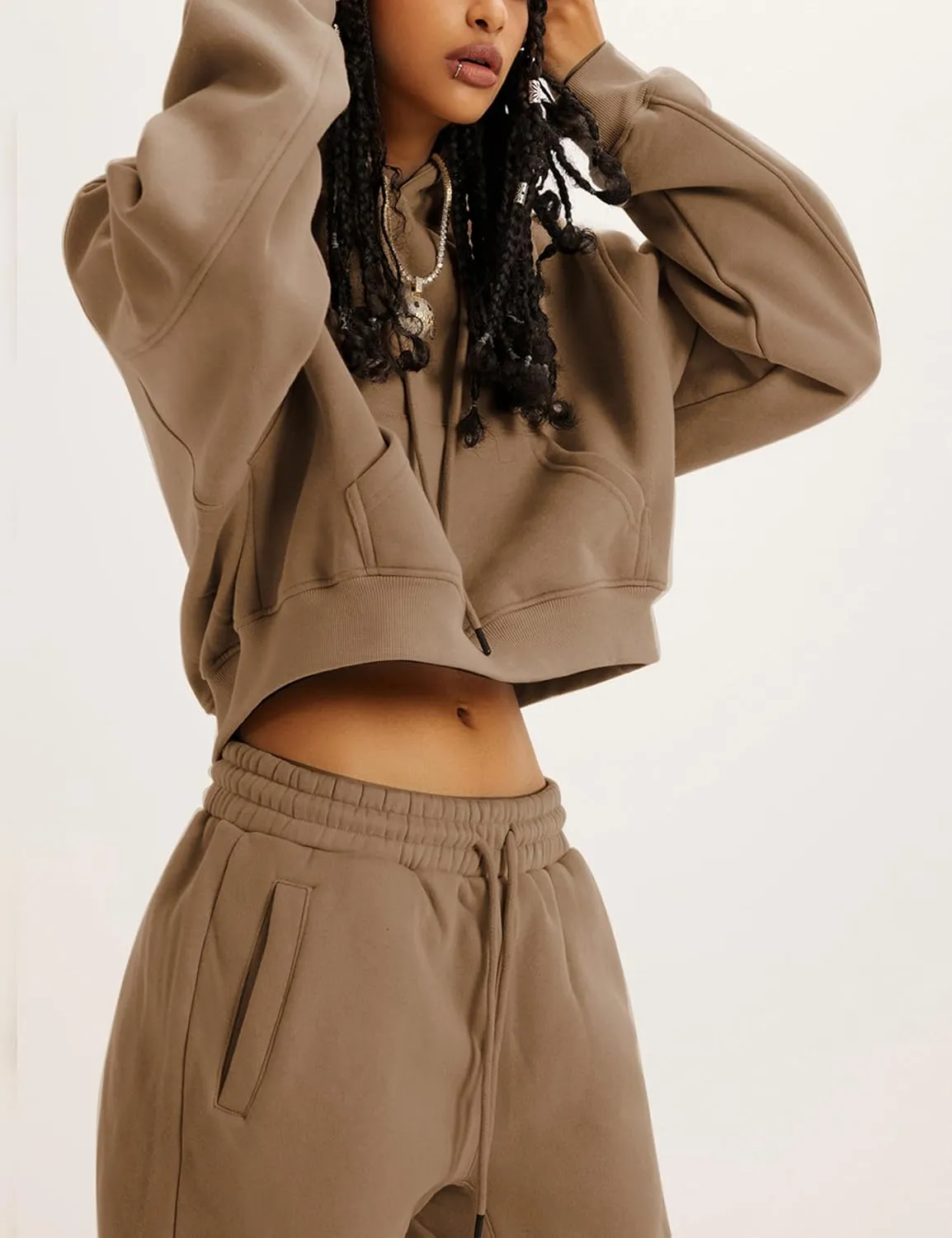 Womens Fleece 2 Piece Outfits Sweatsuit Lounge Hoodie Set Crop Pullover Sweatshirt with Joggers Sweatpants