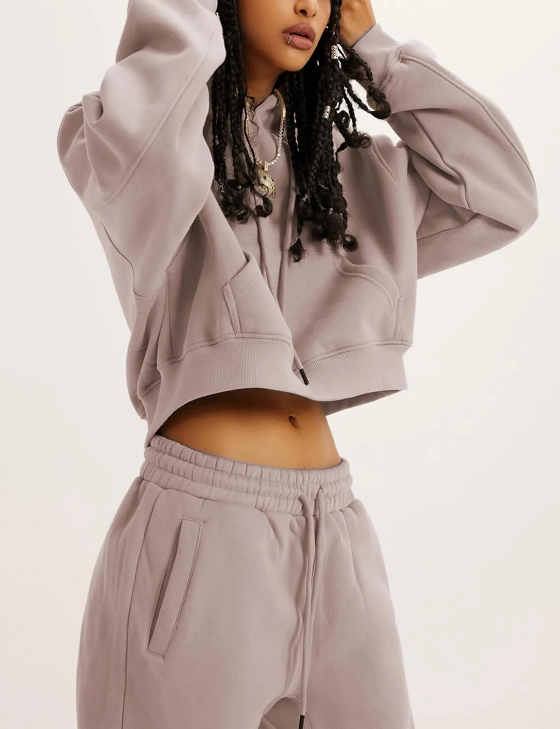 Womens Fleece 2 Piece Outfits Sweatsuit Lounge Hoodie Set Crop Pullover Sweatshirt with Joggers Sweatpants