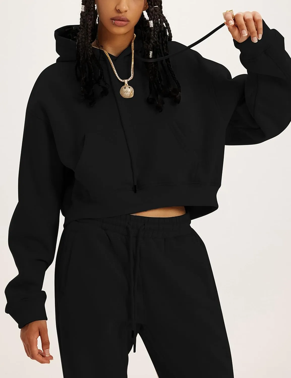 Womens Fleece 2 Piece Outfits Sweatsuit Lounge Hoodie Set Crop Pullover Sweatshirt with Joggers Sweatpants