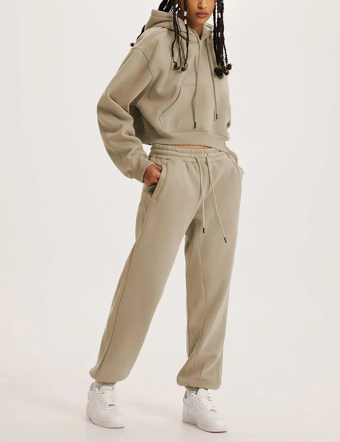 Womens Fleece 2 Piece Outfits Sweatsuit Lounge Hoodie Set Crop Pullover Sweatshirt with Joggers Sweatpants