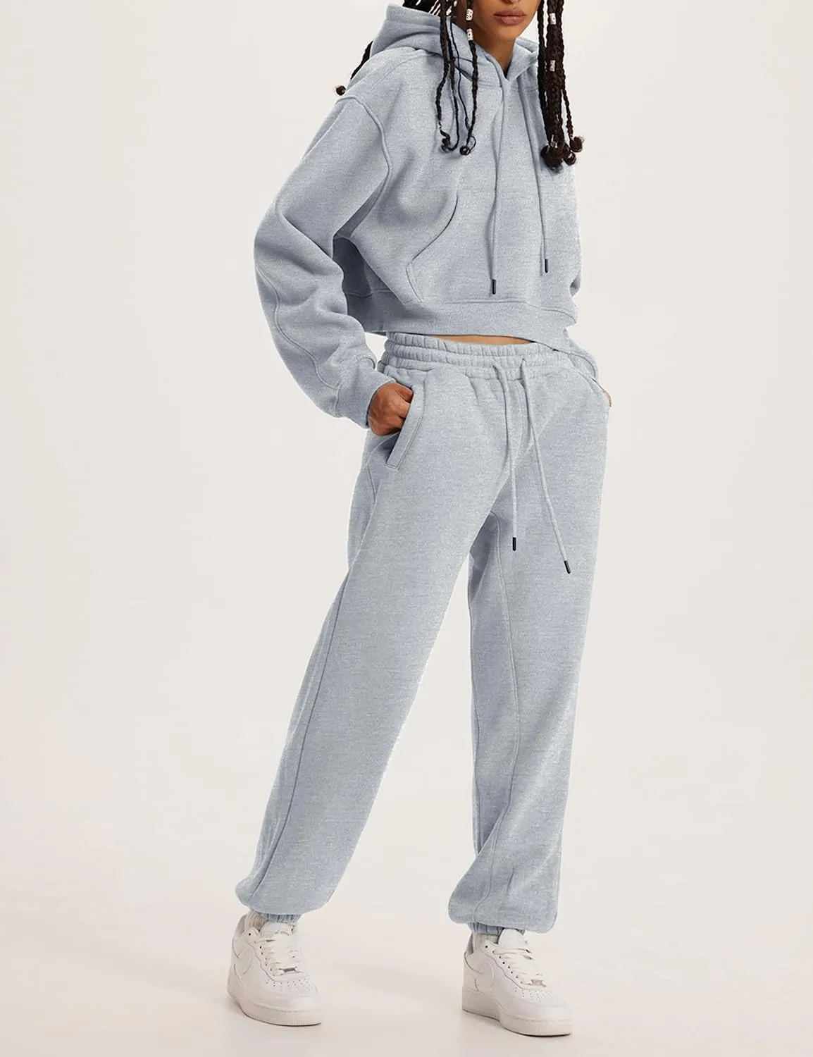 Womens Fleece 2 Piece Outfits Sweatsuit Lounge Hoodie Set Crop Pullover Sweatshirt with Joggers Sweatpants