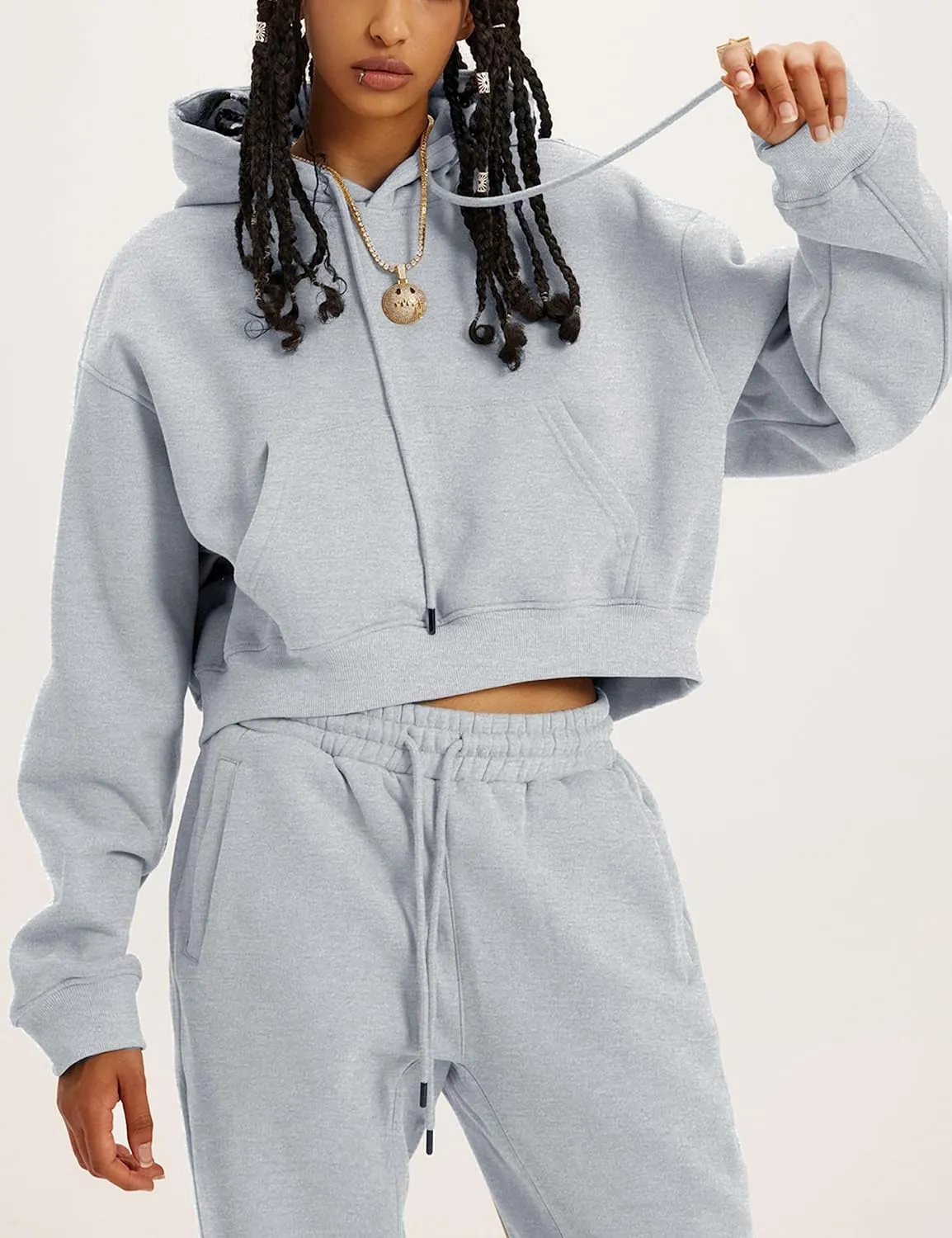 Womens Fleece 2 Piece Outfits Sweatsuit Lounge Hoodie Set Crop Pullover Sweatshirt with Joggers Sweatpants
