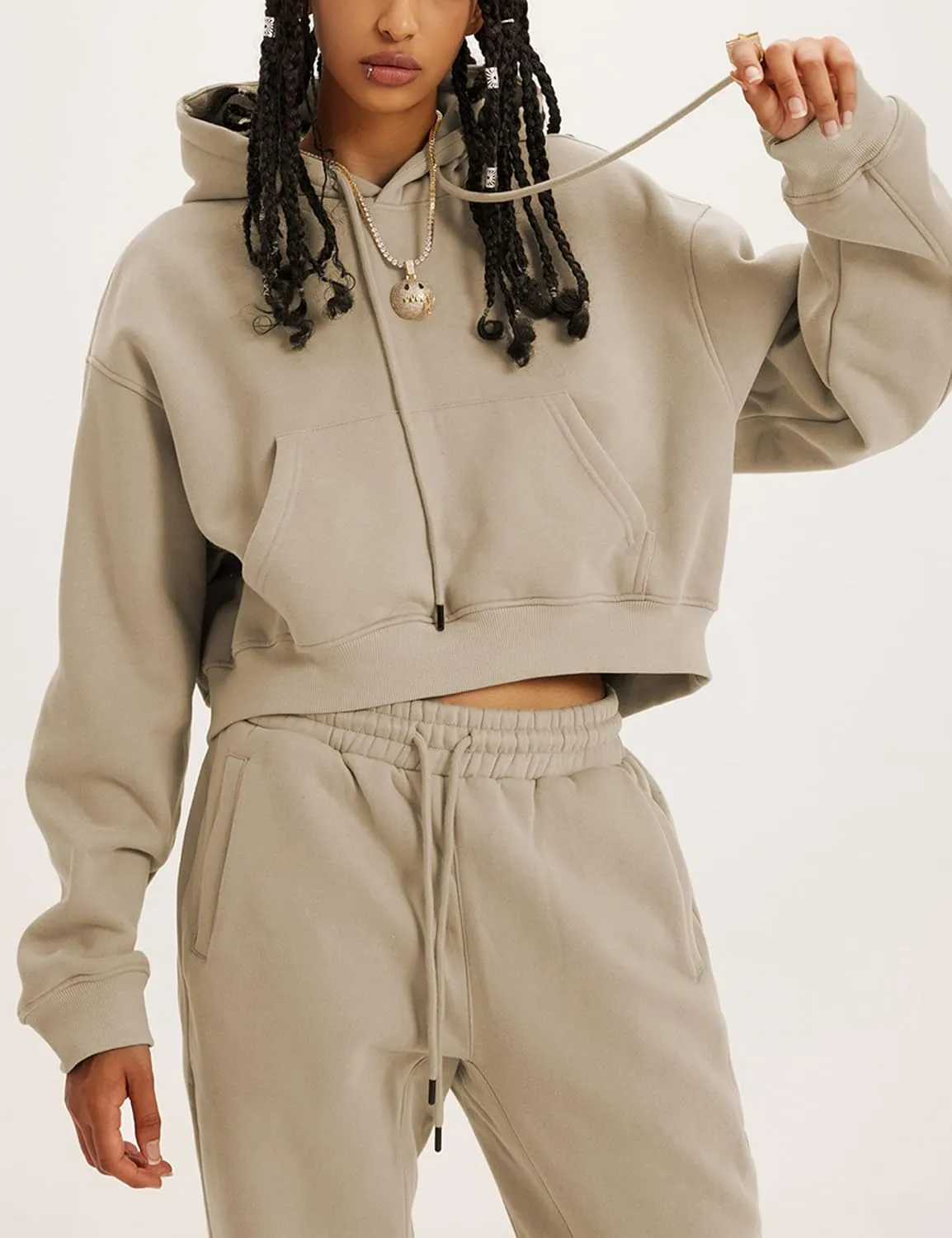 Womens Fleece 2 Piece Outfits Sweatsuit Lounge Hoodie Set Crop Pullover Sweatshirt with Joggers Sweatpants