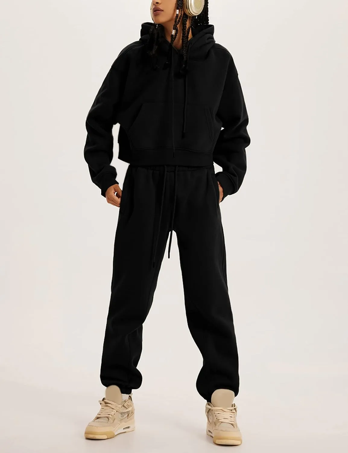 Womens Fleece 2 Piece Outfits Sweatsuit Lounge Hoodie Set Crop Pullover Sweatshirt with Joggers Sweatpants
