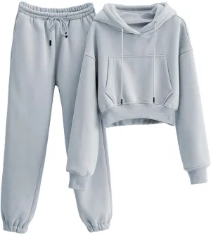 Womens Fleece 2 Piece Outfits Sweatsuit Lounge Hoodie Set Crop Pullover Sweatshirt with Joggers Sweatpants