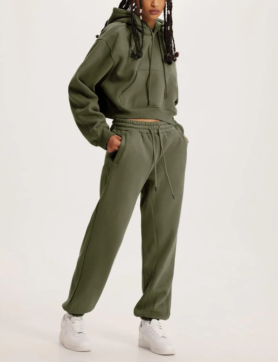 Womens Fleece 2 Piece Outfits Sweatsuit Lounge Hoodie Set Crop Pullover Sweatshirt with Joggers Sweatpants