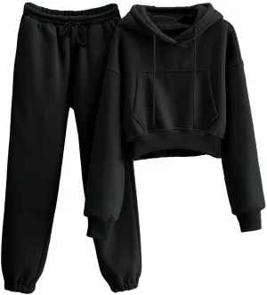 Womens Fleece 2 Piece Outfits Sweatsuit Lounge Hoodie Set Crop Pullover Sweatshirt with Joggers Sweatpants