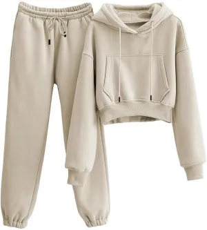 Womens Fleece 2 Piece Outfits Sweatsuit Lounge Hoodie Set Crop Pullover Sweatshirt with Joggers Sweatpants
