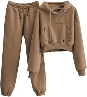 Womens Fleece 2 Piece Outfits Sweatsuit Lounge Hoodie Set Crop Pullover Sweatshirt with Joggers Sweatpants