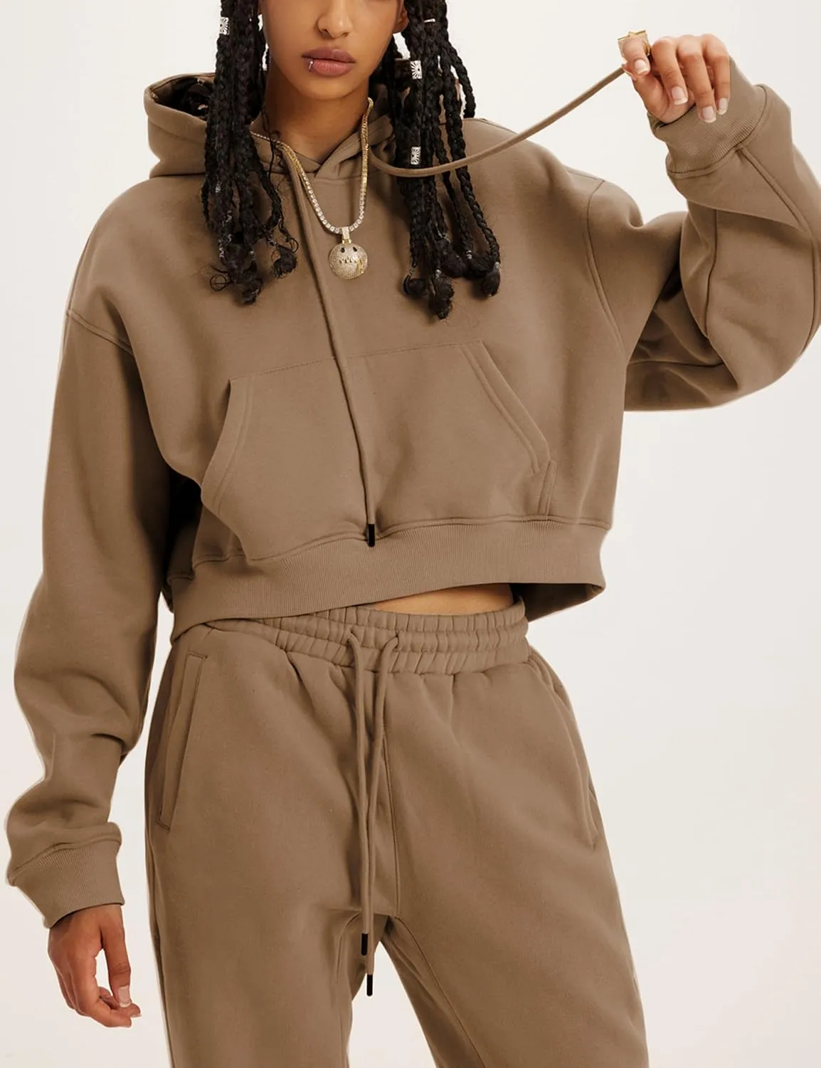 Womens Fleece 2 Piece Outfits Sweatsuit Lounge Hoodie Set Crop Pullover Sweatshirt with Joggers Sweatpants