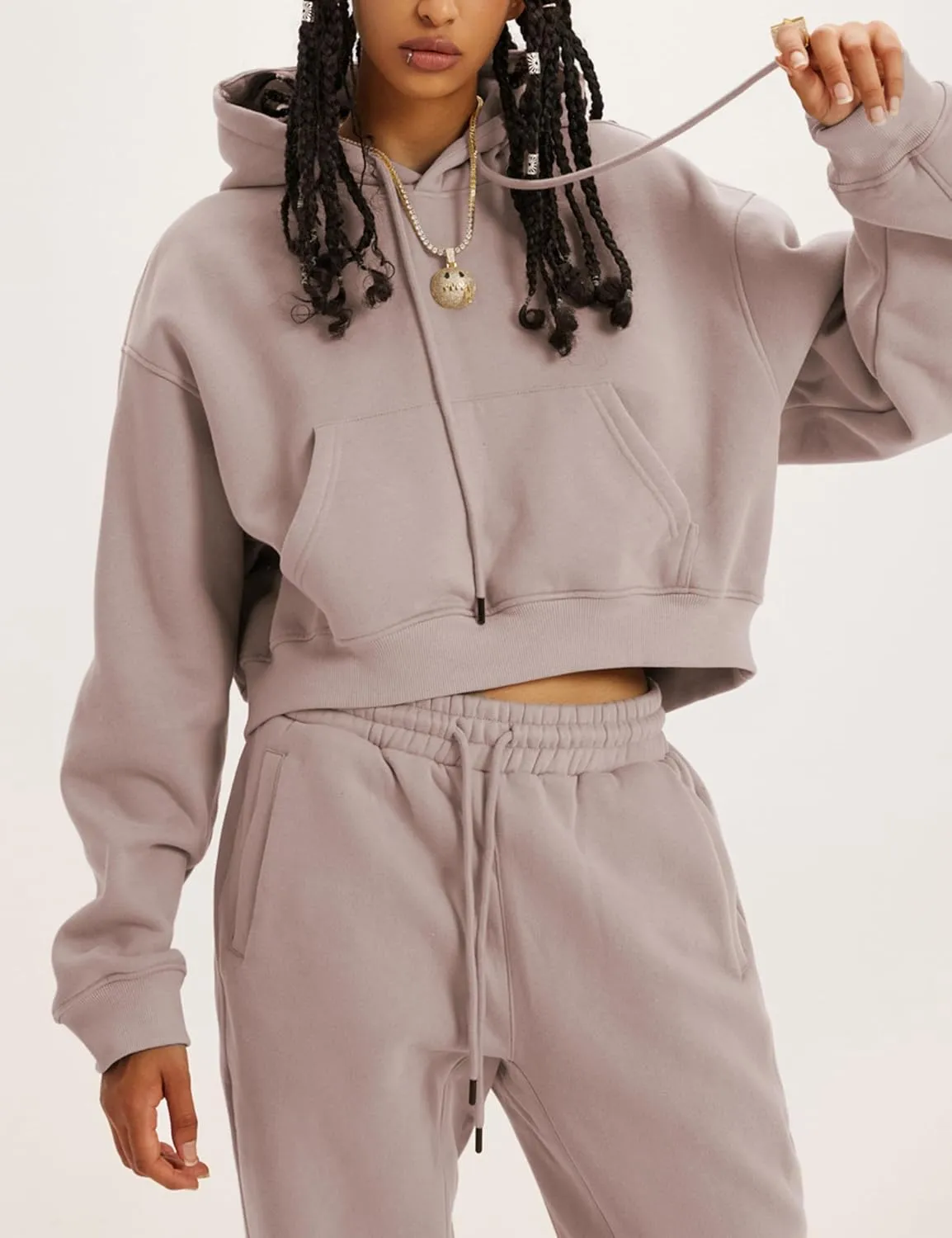 Womens Fleece 2 Piece Outfits Sweatsuit Lounge Hoodie Set Crop Pullover Sweatshirt with Joggers Sweatpants