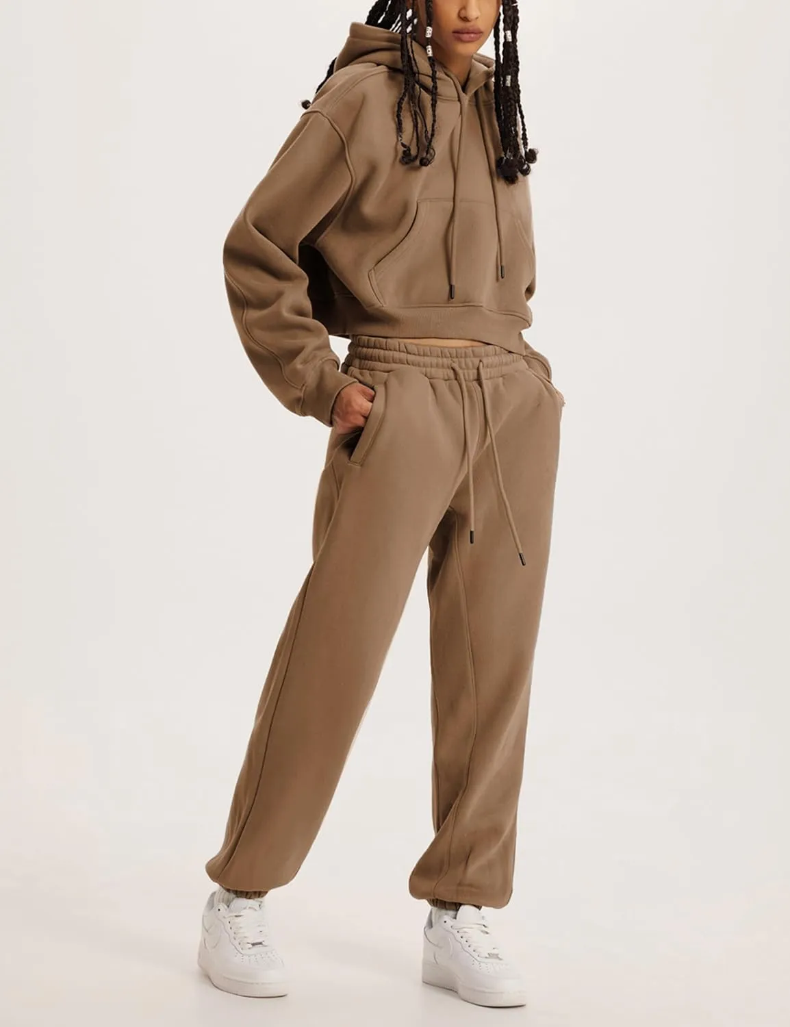 Womens Fleece 2 Piece Outfits Sweatsuit Lounge Hoodie Set Crop Pullover Sweatshirt with Joggers Sweatpants