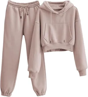 Womens Fleece 2 Piece Outfits Sweatsuit Lounge Hoodie Set Crop Pullover Sweatshirt with Joggers Sweatpants