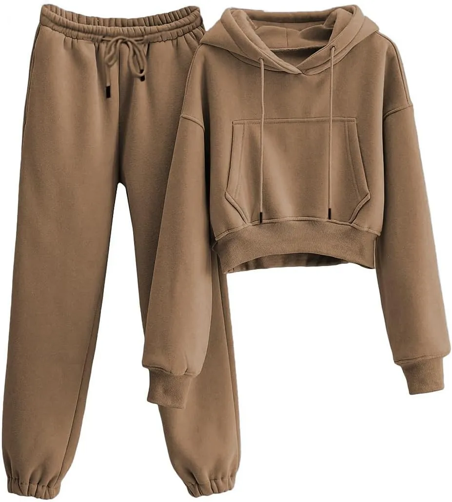 Womens Fleece 2 Piece Outfits Sweatsuit Lounge Hoodie Set Crop Pullover Sweatshirt with Joggers Sweatpants