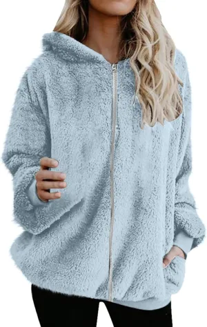 Women's Fleece Jacket Fuzzy Hooded Winter Warm Casual Coats Zip Up Open Front Sherpa Cardigan Outwear with Pockets