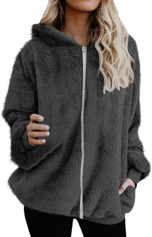 Women's Fleece Jacket Fuzzy Hooded Winter Warm Casual Coats Zip Up Open Front Sherpa Cardigan Outwear with Pockets