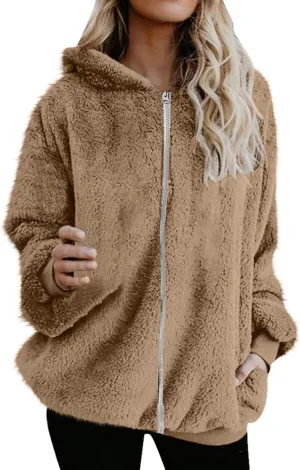Women's Fleece Jacket Fuzzy Hooded Winter Warm Casual Coats Zip Up Open Front Sherpa Cardigan Outwear with Pockets