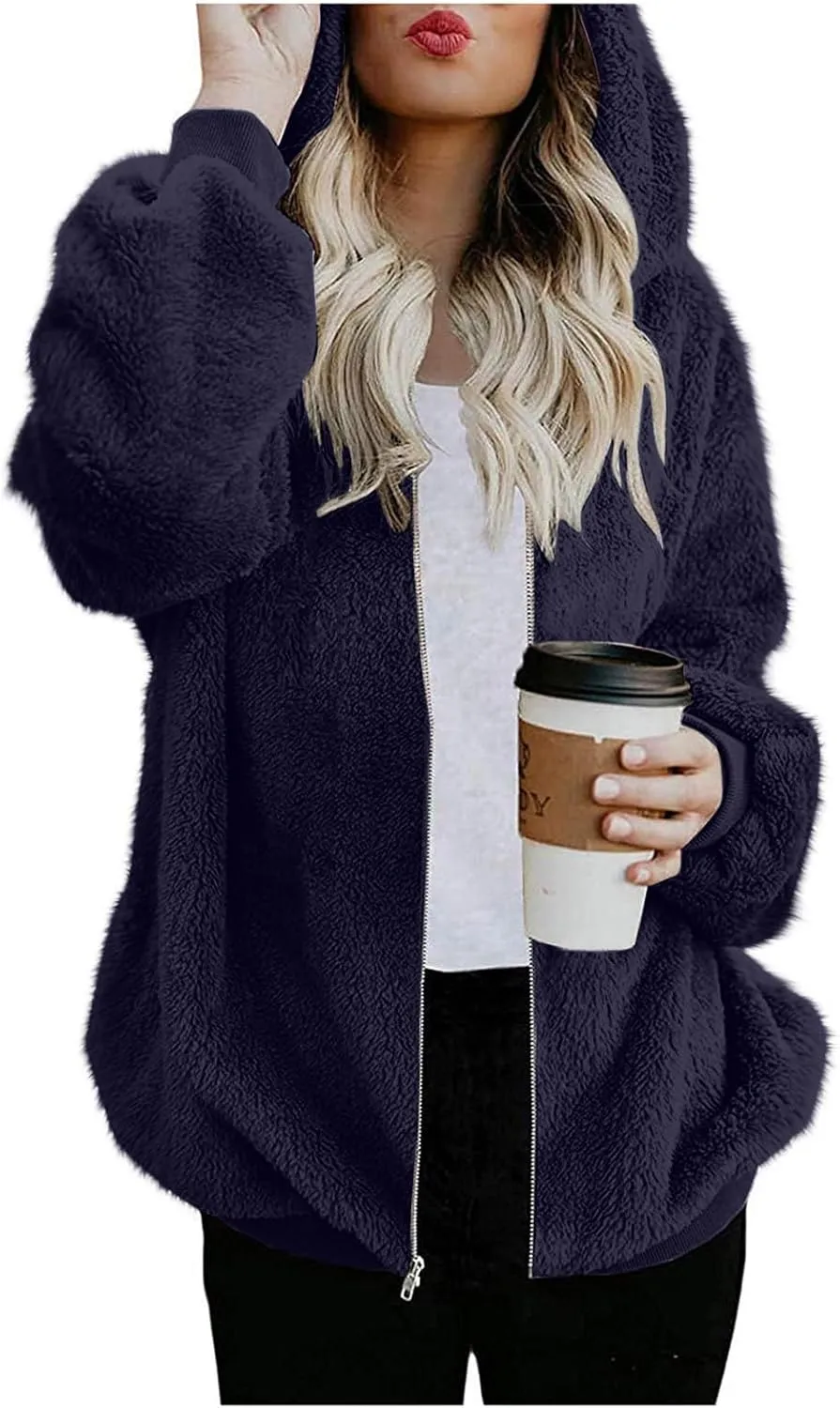 Women's Fleece Jacket Fuzzy Hooded Winter Warm Casual Coats Zip Up Open Front Sherpa Cardigan Outwear with Pockets