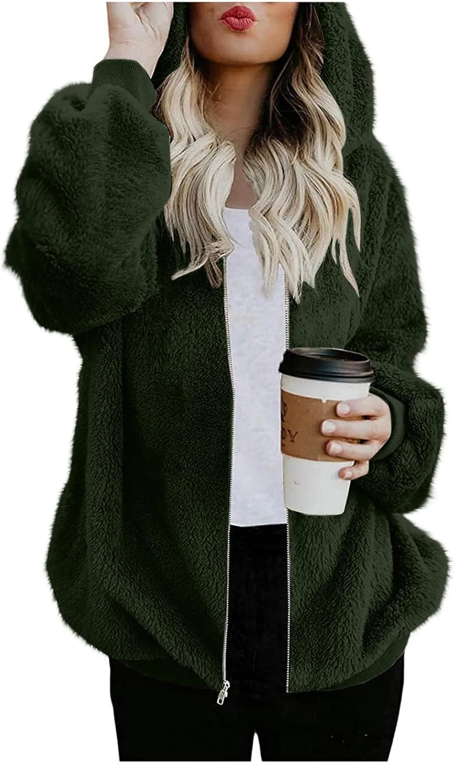 Women's Fleece Jacket Fuzzy Hooded Winter Warm Casual Coats Zip Up Open Front Sherpa Cardigan Outwear with Pockets