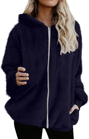 Women's Fleece Jacket Fuzzy Hooded Winter Warm Casual Coats Zip Up Open Front Sherpa Cardigan Outwear with Pockets