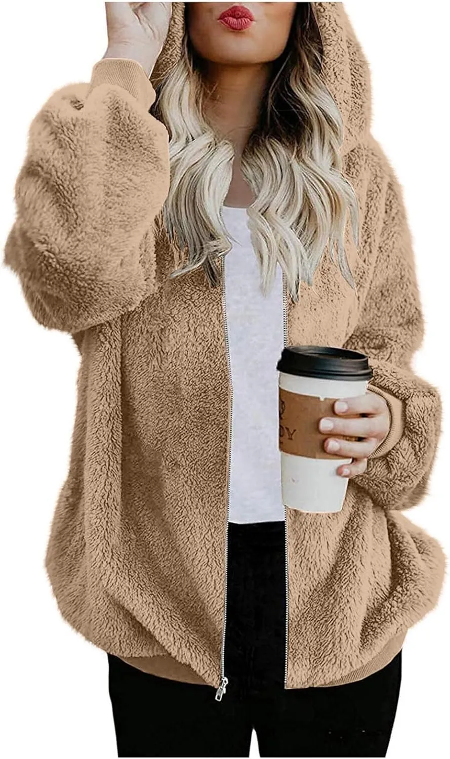 Women's Fleece Jacket Fuzzy Hooded Winter Warm Casual Coats Zip Up Open Front Sherpa Cardigan Outwear with Pockets