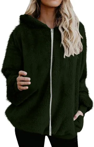 Women's Fleece Jacket Fuzzy Hooded Winter Warm Casual Coats Zip Up Open Front Sherpa Cardigan Outwear with Pockets