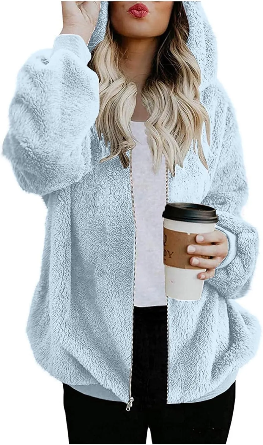 Women's Fleece Jacket Fuzzy Hooded Winter Warm Casual Coats Zip Up Open Front Sherpa Cardigan Outwear with Pockets