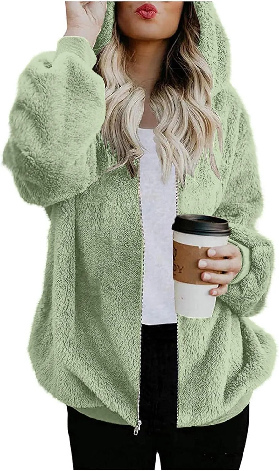 Women's Fleece Jacket Fuzzy Hooded Winter Warm Casual Coats Zip Up Open Front Sherpa Cardigan Outwear with Pockets