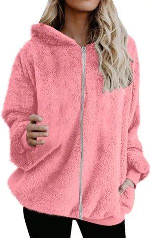 Women's Fleece Jacket Fuzzy Hooded Winter Warm Casual Coats Zip Up Open Front Sherpa Cardigan Outwear with Pockets