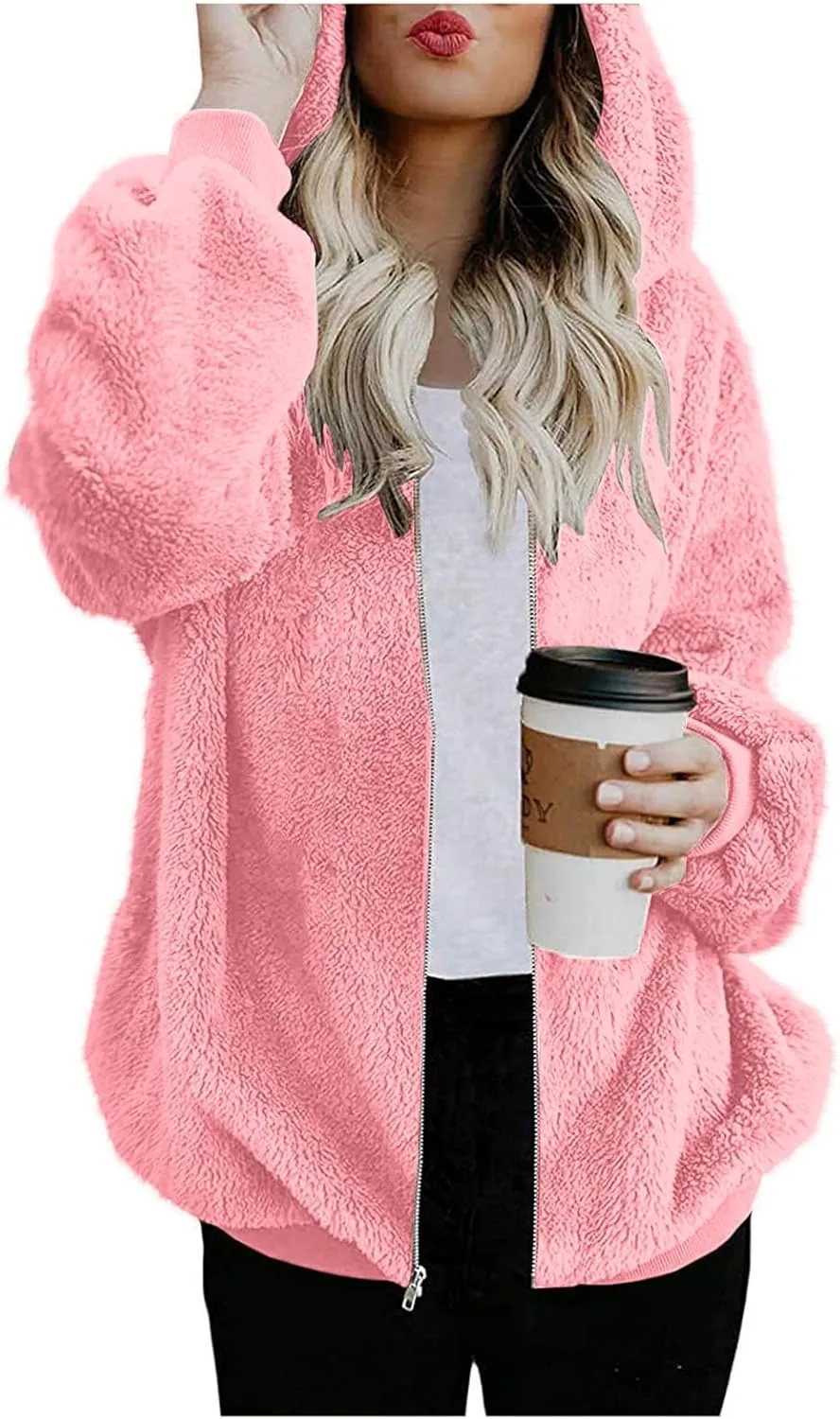 Women's Fleece Jacket Fuzzy Hooded Winter Warm Casual Coats Zip Up Open Front Sherpa Cardigan Outwear with Pockets