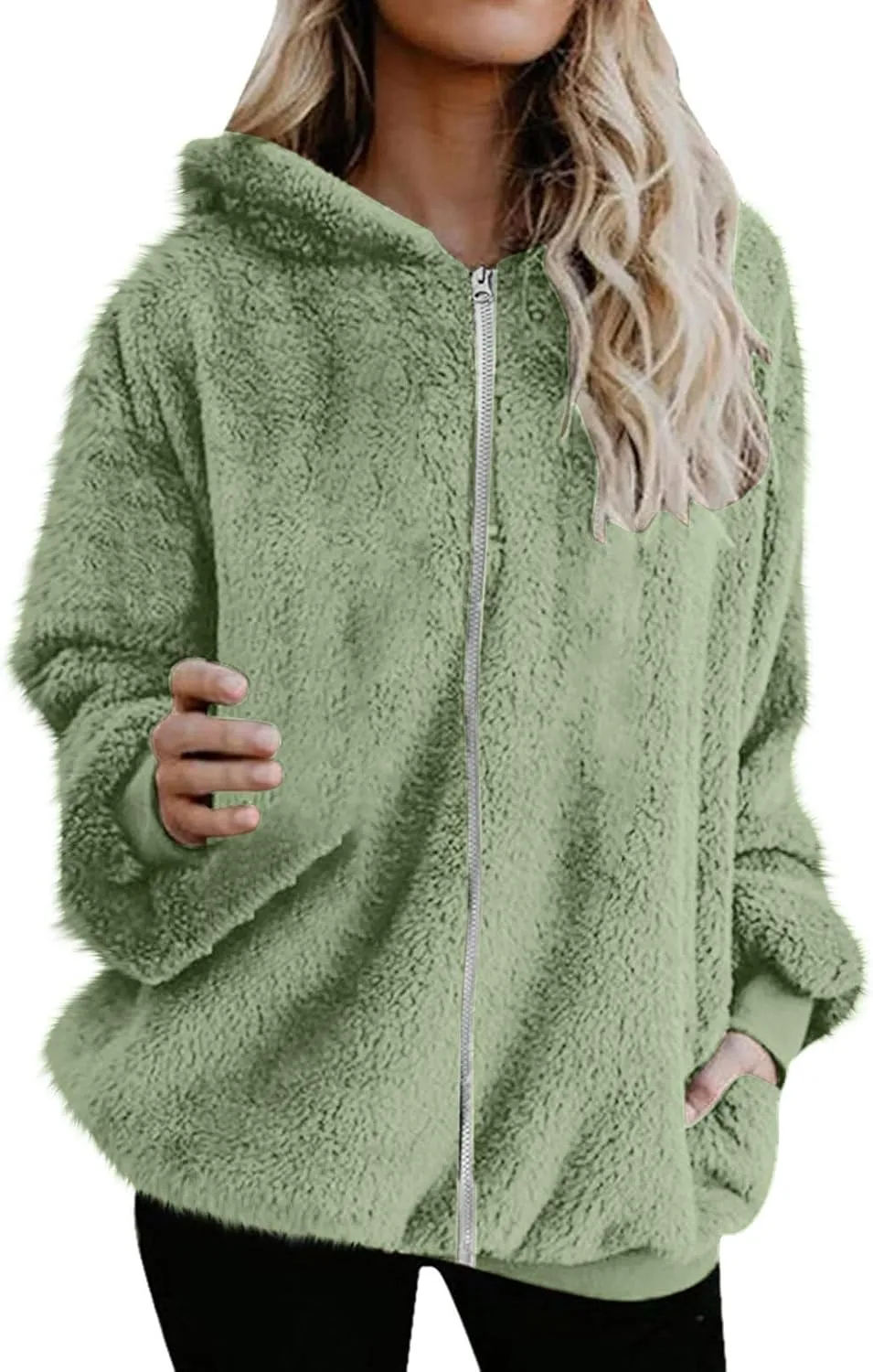 Women's Fleece Jacket Fuzzy Hooded Winter Warm Casual Coats Zip Up Open Front Sherpa Cardigan Outwear with Pockets
