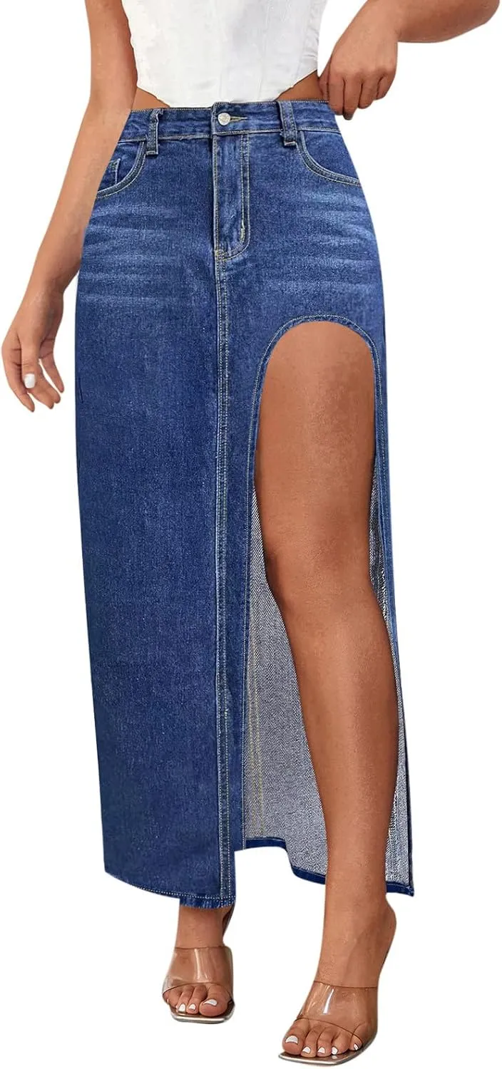 Women's High Slit Denim Skirt Sexy Slim Fit Maxi Long Pencil Jean Skirt High Waisted Distressed Bodycon Denim Skirts