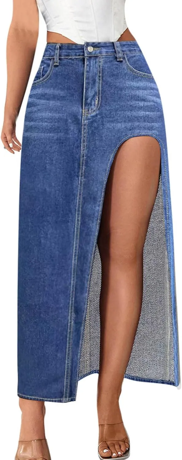 Women's High Slit Denim Skirt Sexy Slim Fit Maxi Long Pencil Jean Skirt High Waisted Distressed Bodycon Denim Skirts