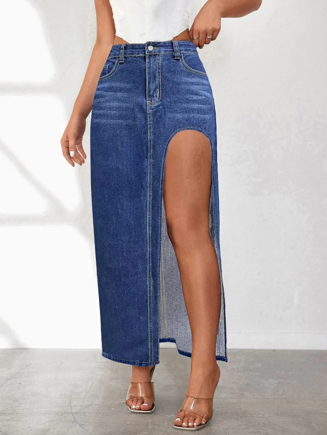 Women's High Slit Denim Skirt Sexy Slim Fit Maxi Long Pencil Jean Skirt High Waisted Distressed Bodycon Denim Skirts