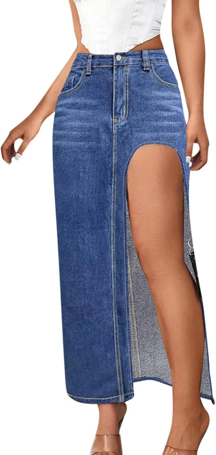 Women's High Slit Denim Skirt Sexy Slim Fit Maxi Long Pencil Jean Skirt High Waisted Distressed Bodycon Denim Skirts